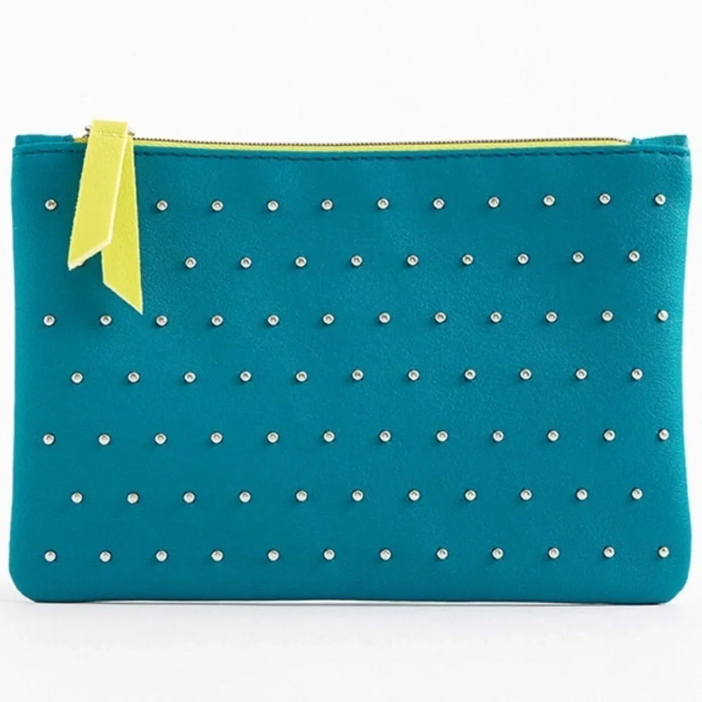 Ipsy Glam Bag Teal with Silver Studs Top Zip Makeup March 2020 Bag EUC